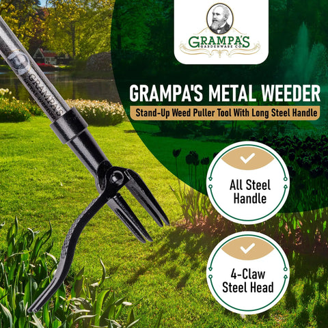 Stand Up Weed Puller Tool With Heavy Duty Steel Long Handle 45 Inch Reach For Easy Weeding And Back And Knee Friendly No Bending Lawn And Garden Cleanup All Steel Construction For Durable Use And Simple Twist Together Assembly, 4-claw steel head