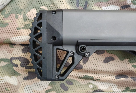 Black KSG KS7 Shotgun Recoil Pad Upgrade on rifle butt for reduced recoil and comfort.