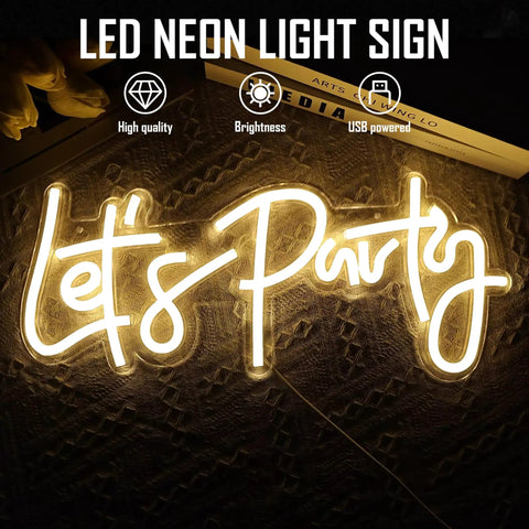 Lets Party Neon Sign Dimmable LED Neon Light For Wall Decor 16x7 Inches Word Sign with warm white glow on textured surface