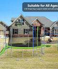 Image of 12 Foot Trampoline With Slide And Swings Outdoor Play Set With Basketball Hoop Ladder LED Lights And Net Enclosure for kids and adults in a backyard, with house in the background.