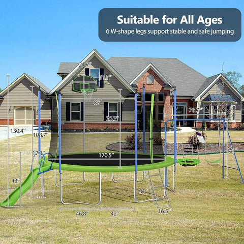 Image of 12 Foot Trampoline With Slide And Swings Outdoor Play Set With Basketball Hoop Ladder LED Lights And Net Enclosure for kids and adults in a backyard, with house in the background.
