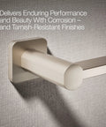 Close-up of the brushed nickel Parallel Towel Arm for Modern Bathrooms, sleek square and circle design, wall-mounted holder.
