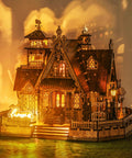 3D Wood Puzzle Countryside Cottage Kit With Spark LED Lights DIY Miniature House Model glowing in warm light
