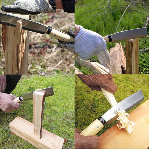 Japanese NATA Tool Knife And Pruning Saw Set 6.5 Inch Hatchet splitting wood and creating wood shavings outdoors