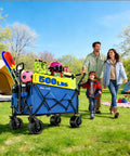 Foldable Push And Pull Beach Wagon With Dual Handles And All Terrain Wheels 500 Lb Capacity Collapsible Utility Cart Blue in use