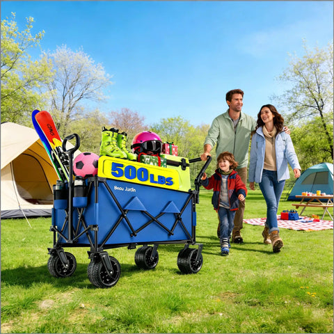 Foldable Push And Pull Beach Wagon With Dual Handles And All Terrain Wheels 500 Lb Capacity Collapsible Utility Cart Blue in use