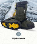 Rugged 840 Denier Waterproof Winter Boots With Heavy Foam Insulation And 32 Replaceable Ice Cleats For Kickass Traction On Frozen Trails Built Different To Slay Deep Snow Adventures XL Size, showing slip-resistant soles.