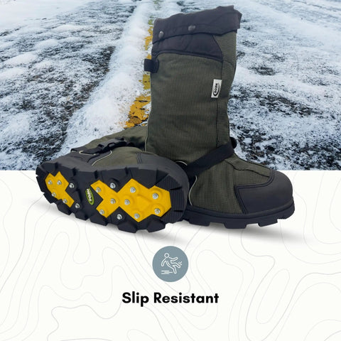 Rugged 840 Denier Waterproof Winter Boots With Heavy Foam Insulation And 32 Replaceable Ice Cleats For Kickass Traction On Frozen Trails Built Different To Slay Deep Snow Adventures XL Size, showing slip-resistant soles.