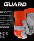 Heavy Duty Work Gloves With Double Leather Cowhide Palm For Superior Abrasion Resistance And Durability, Canvas Backing, Extended Safety Cuff, Orange And Gray, X Large, Built For Construction, Roofing, And Tough Outdoor Jobs displayed with features text.
