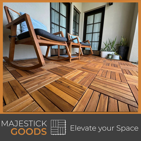 Interlocking Acacia Deck Tiles For Patio And Walkways No Fuss Tool Free Install With Raised Base Drainage Long Slat Outdoor Flooring 12 By 12 Inch Tiles 8 Count on a balcony.