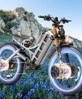 Badass 5600W Dual Motor Electric Mountain Bike For Adults Pulling 50 MPH With 60V 80Ah Battery Racking Up 250 Plus Miles on blue flowers.