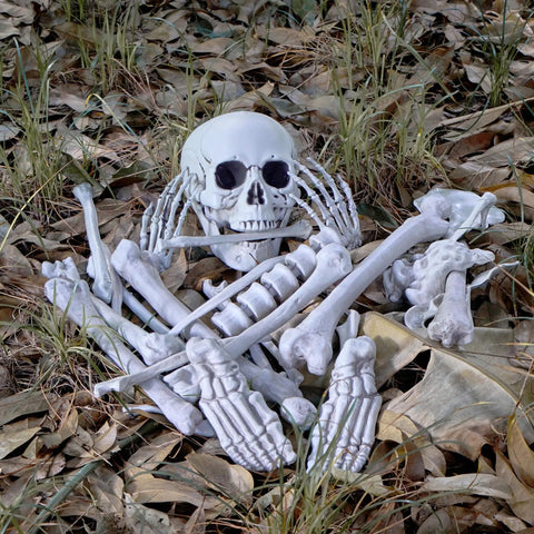 28 Piece Skeleton And Skull Halloween Decor Kit with realistic bones on outdoor leaves