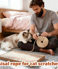 Man with cat using natural sisal rope replacement for cat tree and scratching post, 164ft durable scratcher rope.