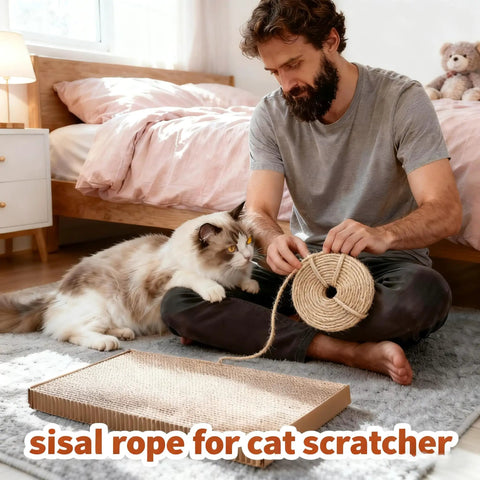 Man with cat using natural sisal rope replacement for cat tree and scratching post, 164ft durable scratcher rope.