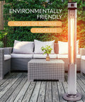 Infrared Patio Heater With Remote Control 1500 W Outdoor Electric Heater next to patio furniture on wooden deck