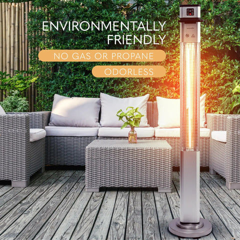 Infrared Patio Heater With Remote Control 1500 W Outdoor Electric Heater next to patio furniture on wooden deck