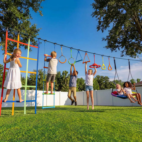 Children playing on 50 Ft Ninja Warrior Obstacle Course Swing Set With Slackline And Saucer Swing For Backyard Epic Playtime