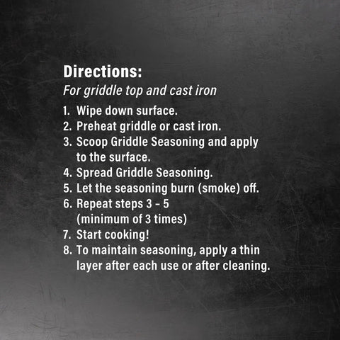 Instructions for Griddle Seasoning And Cast Iron Conditioner application with steps in white text on grey background
