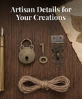 Flatlay with two sets antique bear shaped hasp lock, keys, retro iron decorative latch, pen, and twine on wooden surface