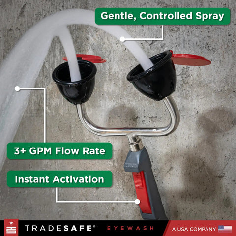 Go To Heavy Duty Eye Wash Station With Dual Head Drench Hose For Emergency Use, wall-mounted, stainless nozzles.