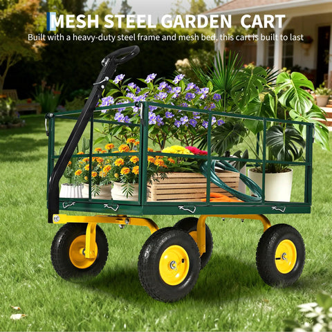 Heavy Duty 1500 Lbs Steel Garden Cart With 3 In 1 Utility Wagon, floral display on flatbed, mesh sides, dark green frame