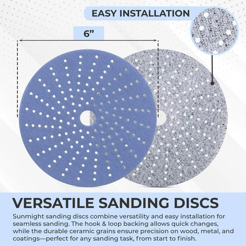 Pro Grade 6 Inch Ceramic Sanding Discs With Hook And Loop, 180 Grit, displayed with dual surface texture