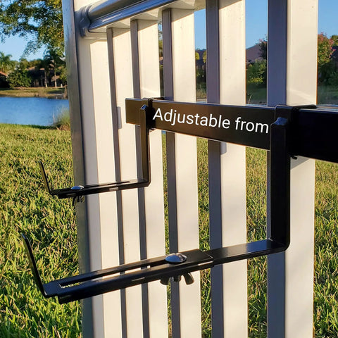 Side view of Universal Adjustable 20 Inch Planter Box Bracket Kit With 2 Heavy Duty Bottom Brackets on spindled deck railing