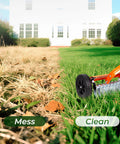 Roller Dethatching Rake With Wheels For Easy Push Across Your Lawn 76.8 Inch Adjustable Handle 2Mm Stainless Steel Blades Thatch Remover Soil Aerator And Loosener Tool For Moss Leaves Debris No Sweat Lawn Care shown on grass transitioning from messy to clean.