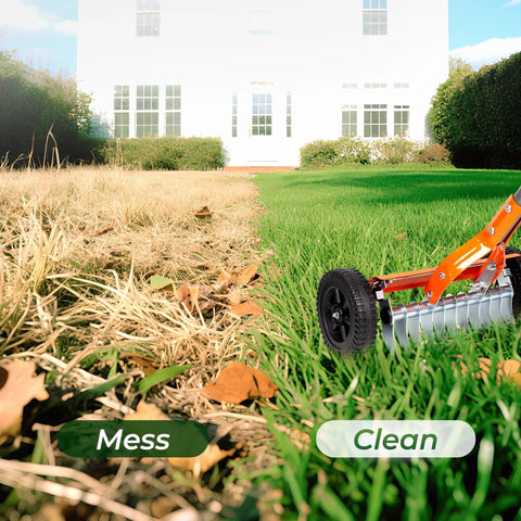 Roller Dethatching Rake With Wheels For Easy Push Across Your Lawn 76.8 Inch Adjustable Handle 2Mm Stainless Steel Blades Thatch Remover Soil Aerator And Loosener Tool For Moss Leaves Debris No Sweat Lawn Care shown on grass transitioning from messy to clean.