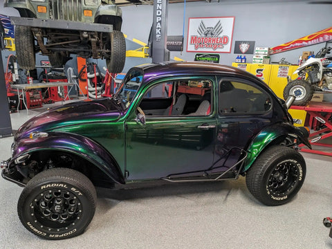 Fresh Shop Grade Superflake Colorshift Basecoat Paint Gallon Ready To Spray Used on custom painted green and purple beetle car.