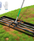Extra Wide Lawn Leveler Rake With Heavy Duty Yard Leveling Tool 48 By 10 Inch Adjustable Steel Extendable Handle in use on grass