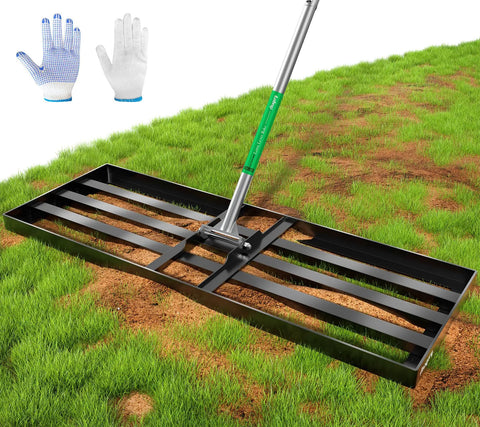 Extra Wide Lawn Leveler Rake With Heavy Duty Yard Leveling Tool 48 By 10 Inch Adjustable Steel Extendable Handle in use on grass