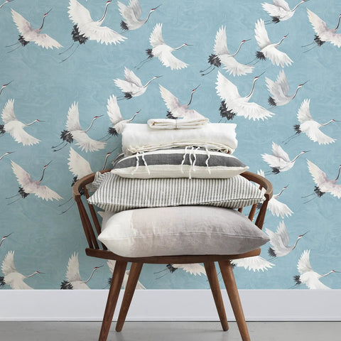 Blue Halcyon Crane Peel And Stick Wallpaper Removable No Residue Repositionable with chair and cushions