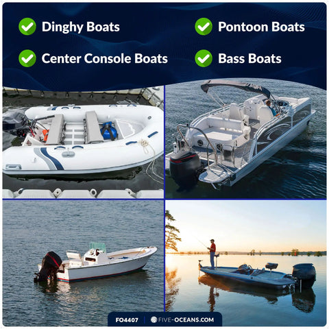 Four types of boats: inflatable dinghy, pontoon, center console, and bass boat on water with verification icons.