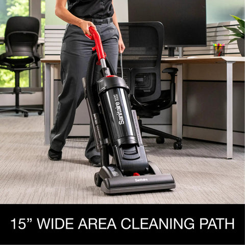 Heavy Duty Commercial Upright Vacuum Cleaner Featuring A Massive 15 Inch Wide Cleaning Path That Legit Crushes Carpet Dirt And Ground In Grime CRI Certified Beast Mode For Pro Cleaners in an office setting.