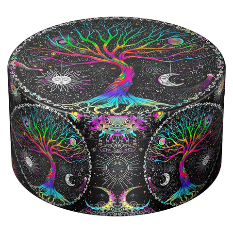 Colorful round pouf with cosmic tree design, featuring vibrant branches and celestial motifs on a dark background.