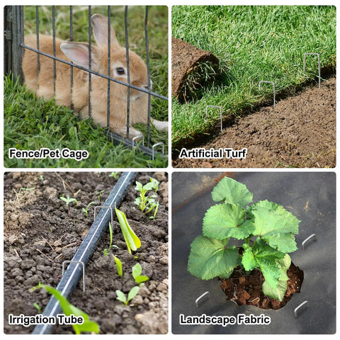 Collage showing 200 Pack 6 Inch Landscape Staples, 11 Gauge Galvanized U Shaped Garden Stakes securing pet cage, turf, tube, fabric