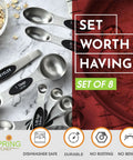 Magnetic Stainless Steel Measuring Spoons Set 8 Pieces With Leveler, Heavy Duty Kitchen Gadgets, displayed with ingredients.
