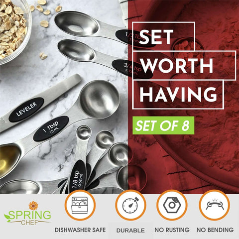 Magnetic Stainless Steel Measuring Spoons Set 8 Pieces With Leveler, Heavy Duty Kitchen Gadgets, displayed with ingredients.