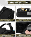 Close-up of a Tactical Toiletry Bag For Men Water Resistant Military Molle Dopp Kit with double zippers and front pocket details.