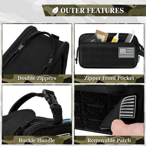 Close-up of a Tactical Toiletry Bag For Men Water Resistant Military Molle Dopp Kit with double zippers and front pocket details.