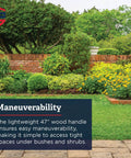 Garden landscape with various plants showcasing All Purpose Garden Landscape Rake With 21 Inch Head And 47 Inch Lightweight Wood Handle.
