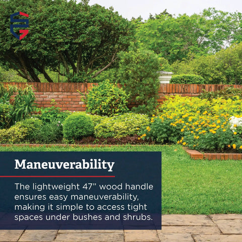 Garden landscape with various plants showcasing All Purpose Garden Landscape Rake With 21 Inch Head And 47 Inch Lightweight Wood Handle.