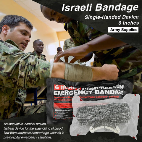 Military personnel applying an Israeli Bandage from Essential Trauma First Aid Kit With Israeli Bandage Chest Seal Tourniquet Splint And Molle IFAK For Bleeding Control Wound Care And Tactical Medical Prep For Outdoors, Home And Adventure Red.