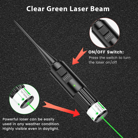Rechargeable Green Bore Sight Laser Kit with on/off switch, green laser beam, and clear visibility instructions