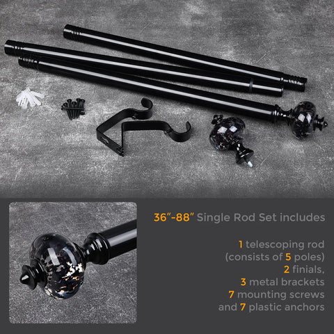 Black Curtain Rod For Windows 30-88 Inches, Heavy Duty Adjustable Drapery Rod With Crystal Finials, set with components