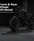 Motorcycle on Beefy Heavy Duty Universal Motorcycle Stands With Front And Rear Wheel Lift 882 Lb Capacity Adjustable Swingarm Spools