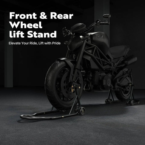 Motorcycle on Beefy Heavy Duty Universal Motorcycle Stands With Front And Rear Wheel Lift 882 Lb Capacity Adjustable Swingarm Spools