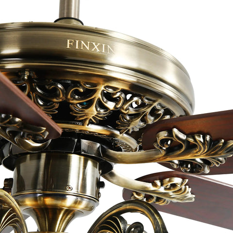 Ornate detail of 52 Inch Indoor Ceiling Fan With LED Light And Remote Control In New Bronze Finish with intricate metal accents