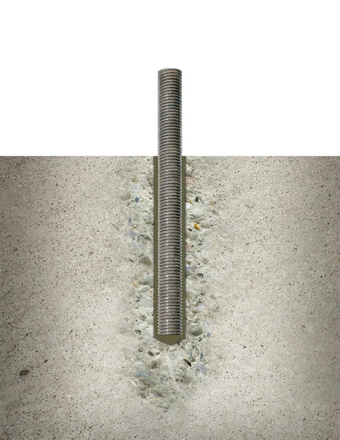 Heavy Duty Epoxy Anchoring Formula For Threaded Rods And Rebar With Rapid Cure Setup In An Easy Squeeze 8.5 Oz Cartridge inserted in concrete.